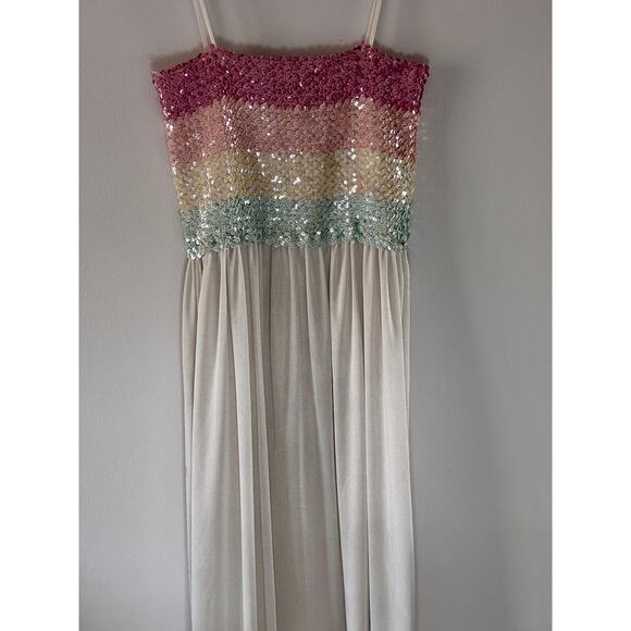 Vintage Y2K Pastel Sequins & Polyester White Dress Full Length Gown Elastic - Picture 10 of 13